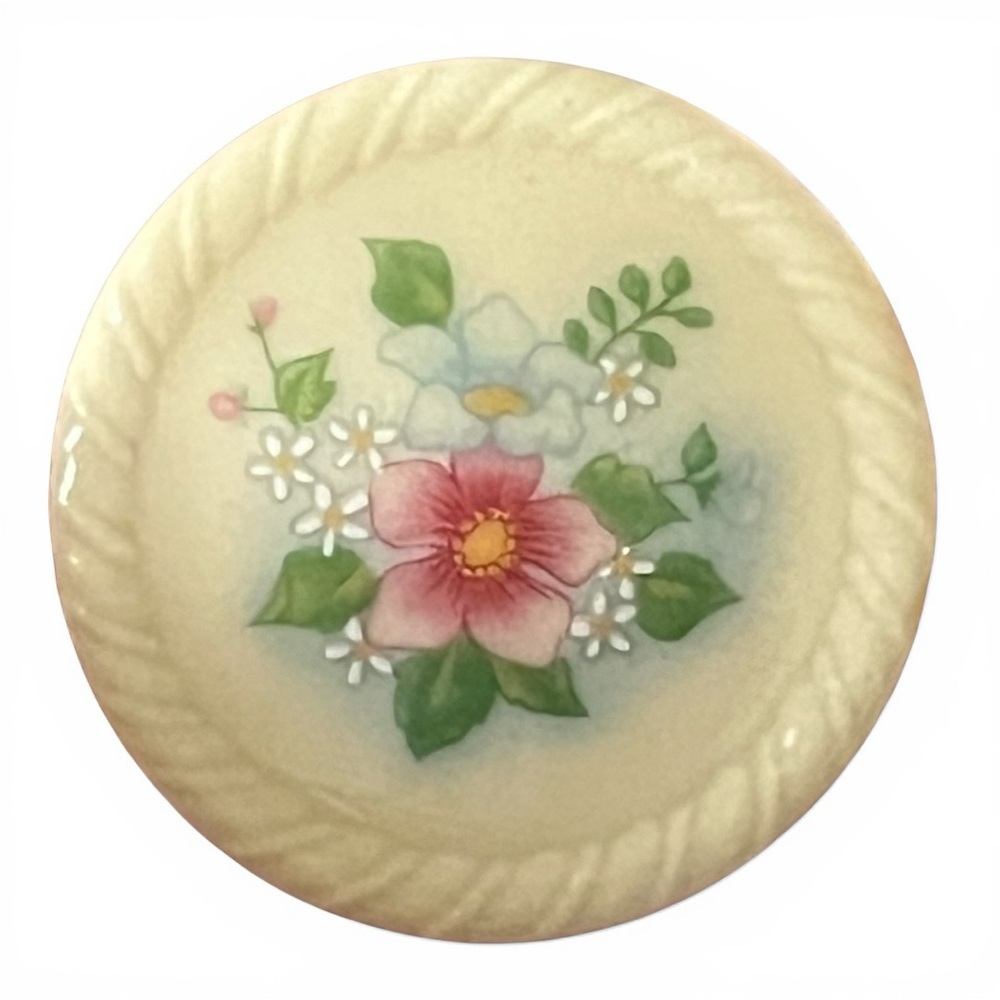 Vintage Floral Avon Pin Round Ceramic Brooch with Roses